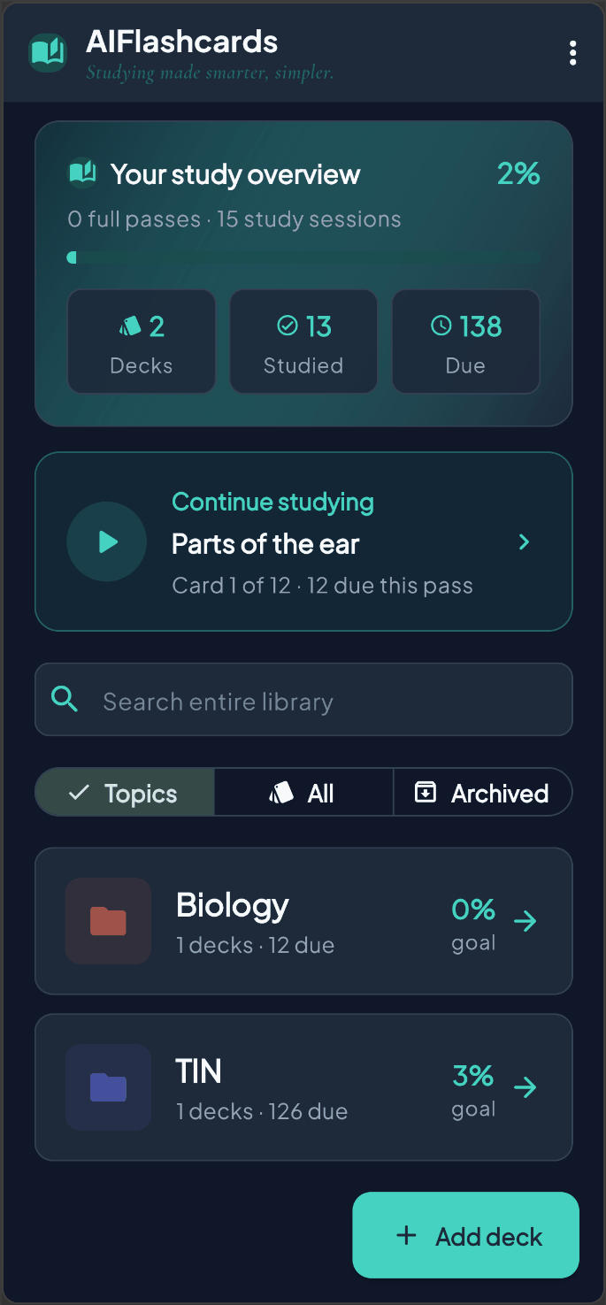 AIFlashcards app demo — studying flashcards