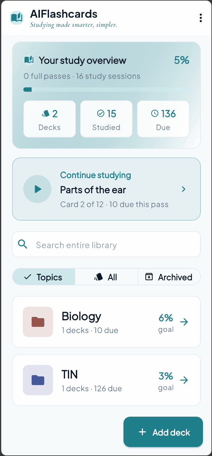 AIFlashcards app demo — deck library
